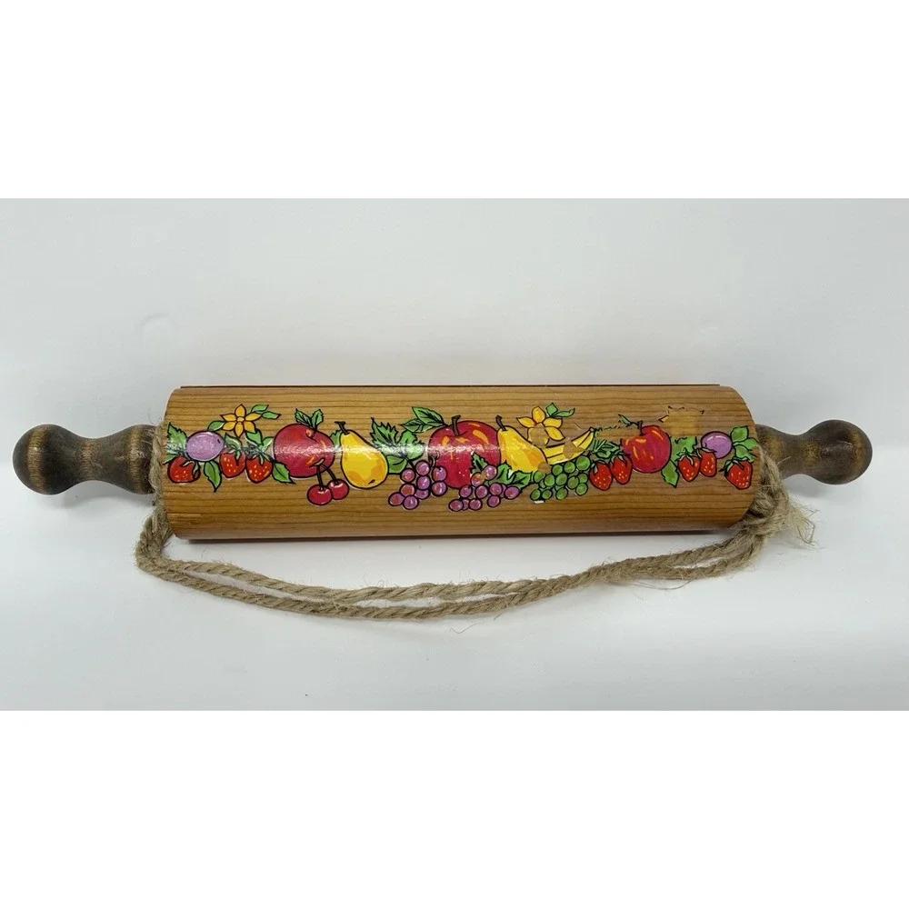 Vintage Wooden Rolling Pin Recipe Card Holder Fruit Design Kitchen Decor